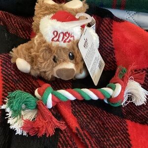 Holiday Plush Dog Toy with Rope toy - Brown, Red, Green